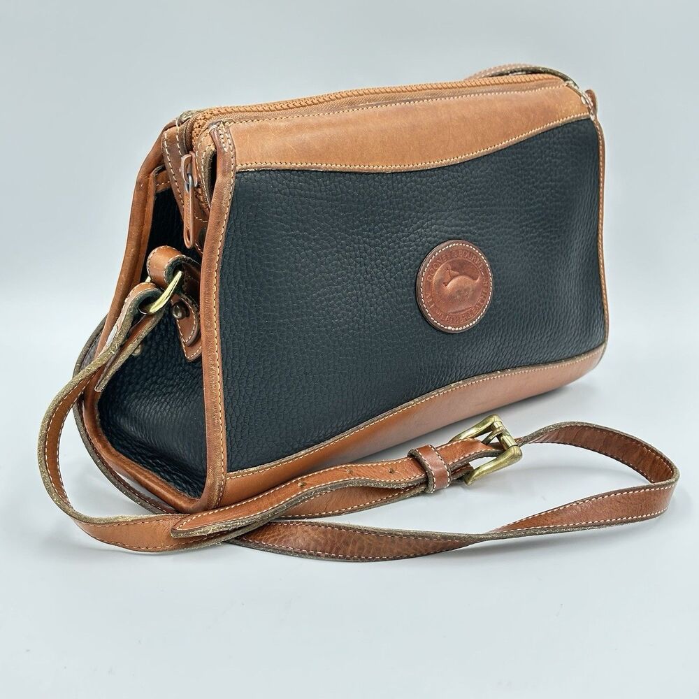 VTG Dooney & Bourke Crossbody Purse Pebbled Black & Tan Smooth Leather Footed - Picture 2 of 13